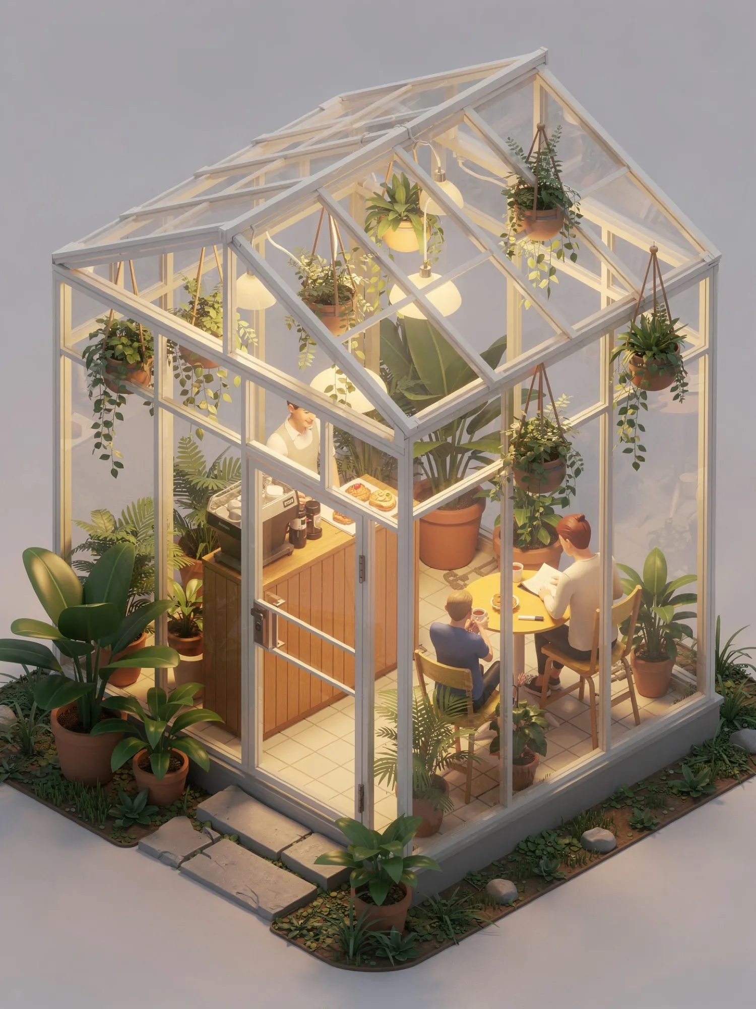 Une illustration isométrique d'un petit café sous serre avec des plantes, un barista et des clients