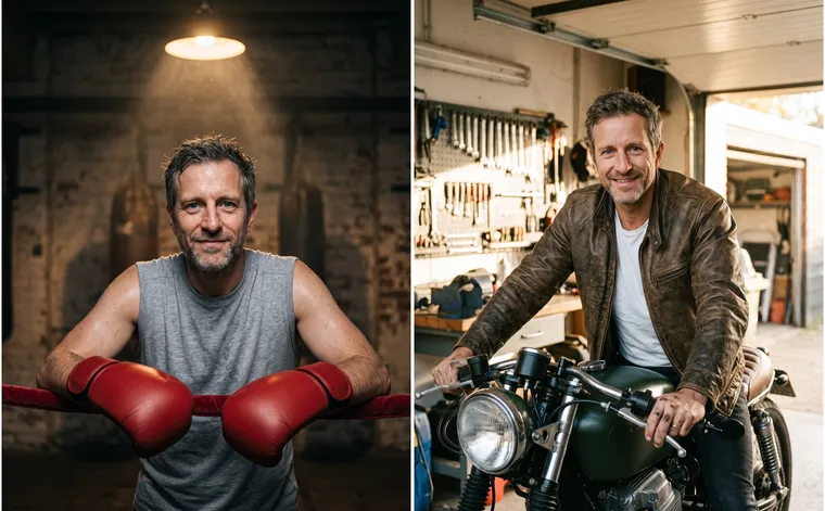 À gauche, l’homme en débardeur gris et gants rouges s’appuie sur les cordes du ring sous une seule lampe ; à droite, le même homme en blouson de cuir assis sur une moto vintage dans un garage