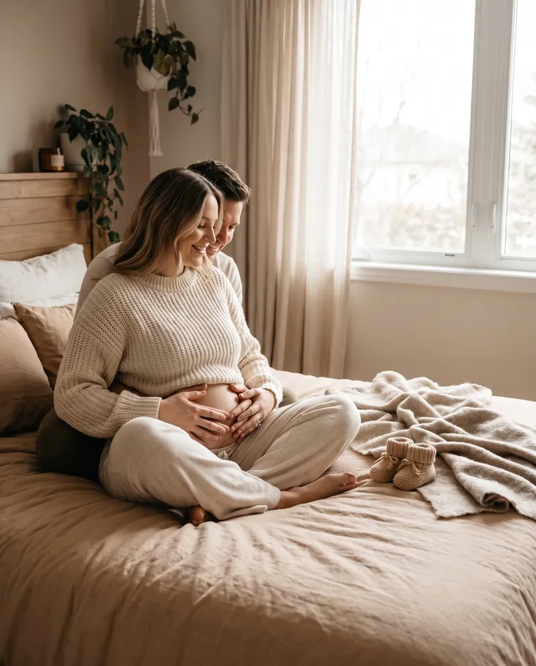 Une femme enceinte en pull crème et pantalon en maille assise sur le lit près de la fenêtre, son conjoint derrière elle les mains sur son ventre, des chaussons tricotés à côté