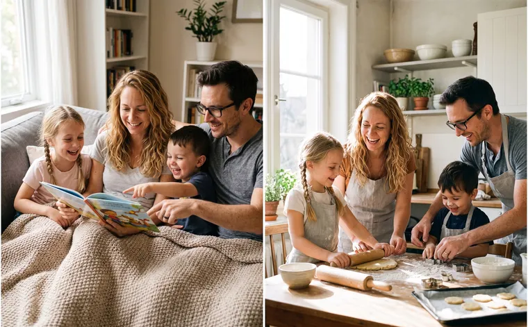 À gauche, une famille sous un plaid en maille sur le canapé en train de lire ; à droite, la même famille en tabliers de lin découpant des biscuits dans la cuisine