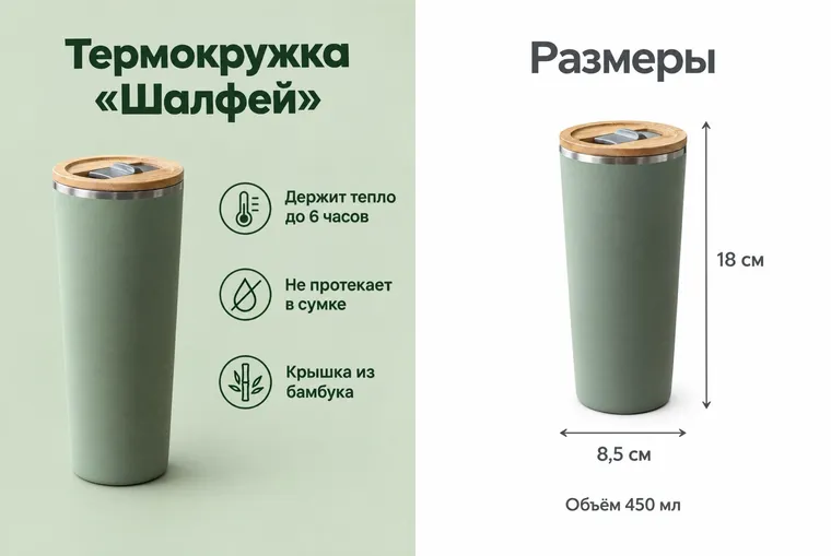 Deux visuels du mug isotherme : une infographie titrée « Термокружка «Шалфей» » avec trois avantages illustrés d’icônes, et un visuel « Размеры » avec des cotes de 18 cm et 8,5 cm