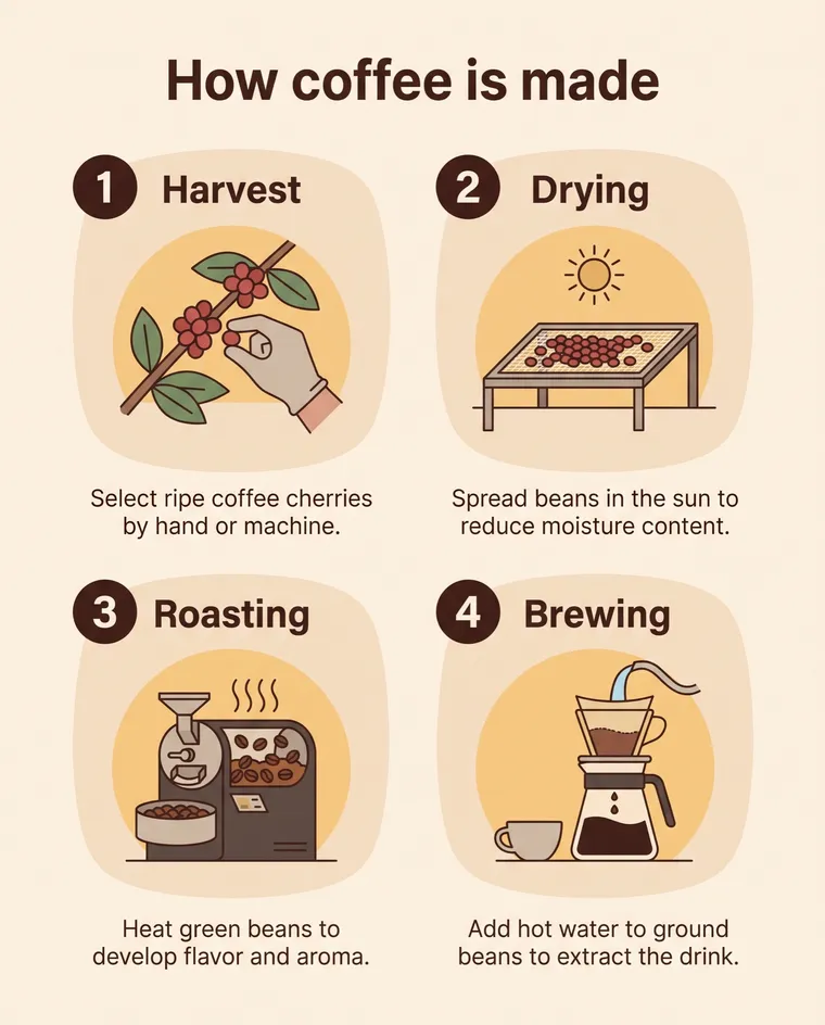 Infographie How coffee is made en quatre étapes numérotées