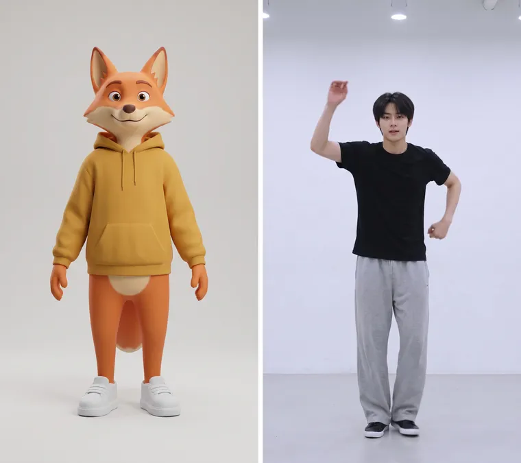 À gauche, un renard de dessin animé en sweat jaune en pied sur fond gris ; à droite, une image de vidéo : un danseur en t-shirt noir en pied sur fond blanc
