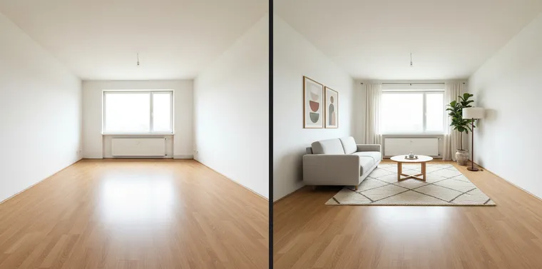 Pièce vide avec stratifié et fenêtre, puis la même pièce avec canapé, tapis, lampadaire et plante