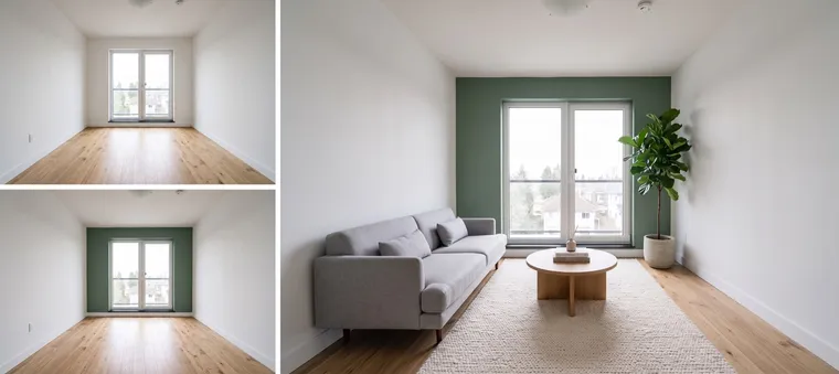 À gauche, une pièce vide aux murs blancs et la même avec un mur vert sauge ; à droite, la même avec un canapé, une table ronde, un tapis et un ficus