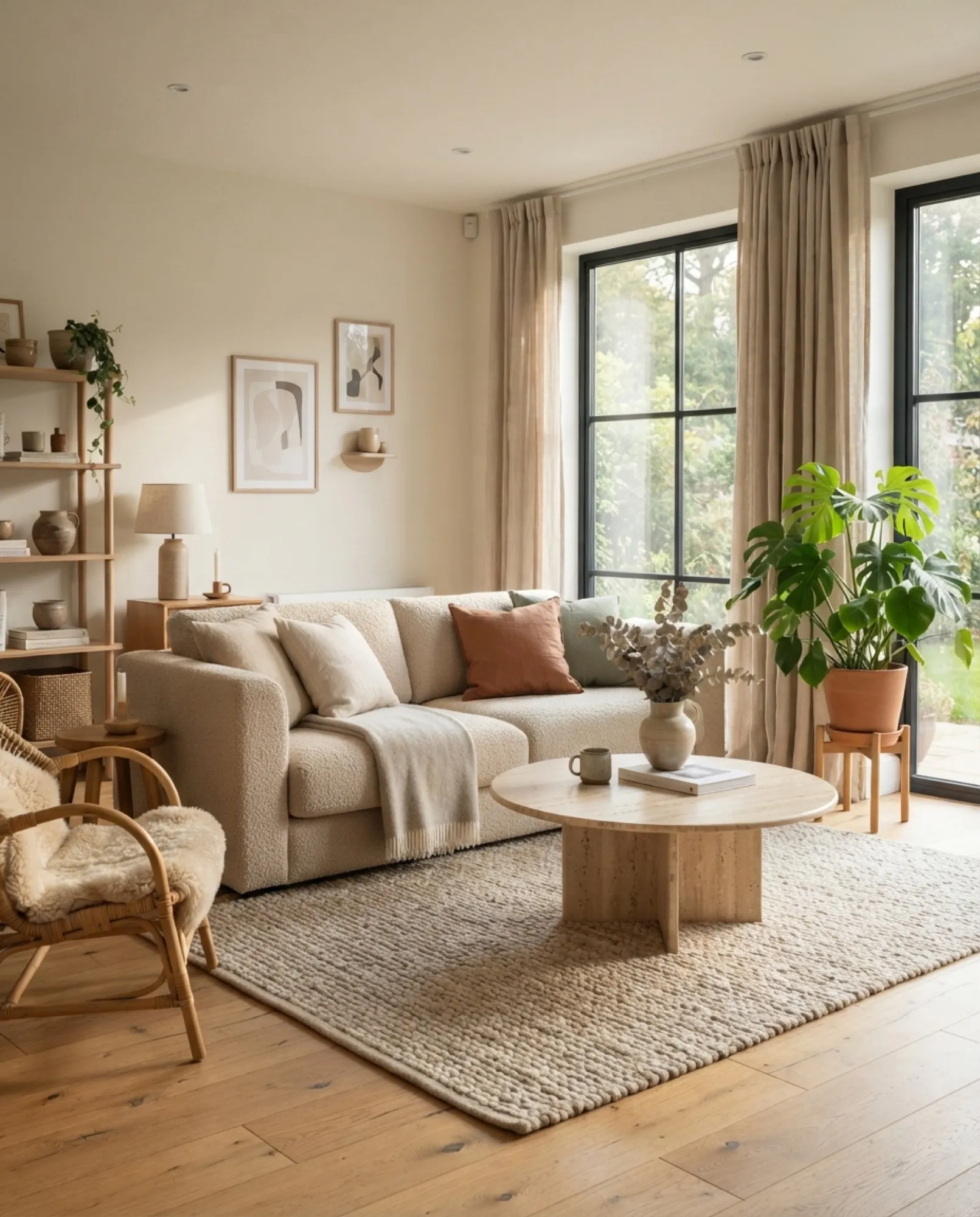Un salon scandinave avec parquet en chêne, canapé beige, table en travertin et monstera