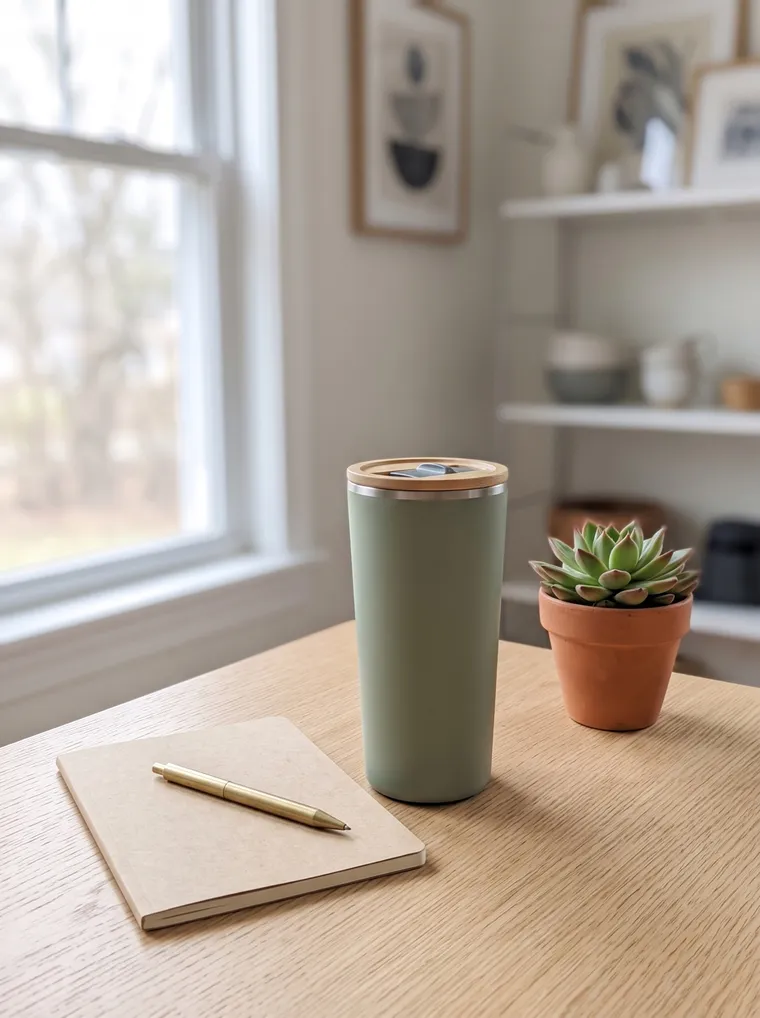 Mug isotherme sur un bureau en chêne clair près d’une fenêtre, à côté d’un carnet kraft, d’un stylo et d’une plante grasse en pot