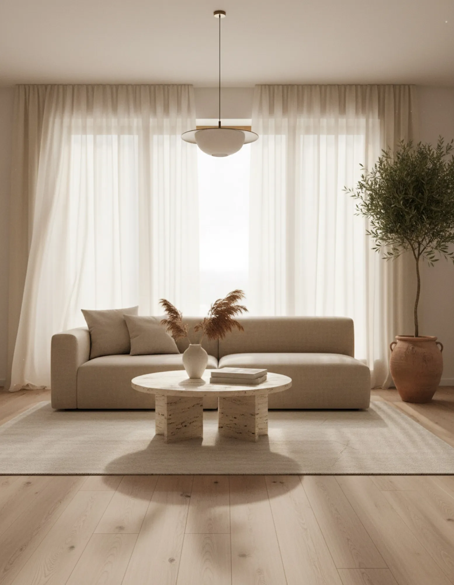 Rendu d'un salon scandinave avec canapé beige, table en travertin et olivier
