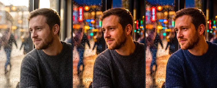 Le même homme près d’une fenêtre en trois versions : au coucher du soleil, la nuit en pull gris et la nuit en pull bleu marine