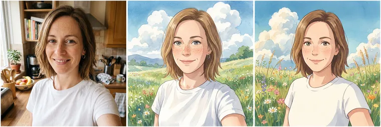 À gauche le selfie d’origine, au centre un avatar anime avec la phrase sur le visage, à droite le même avatar sans cette phrase