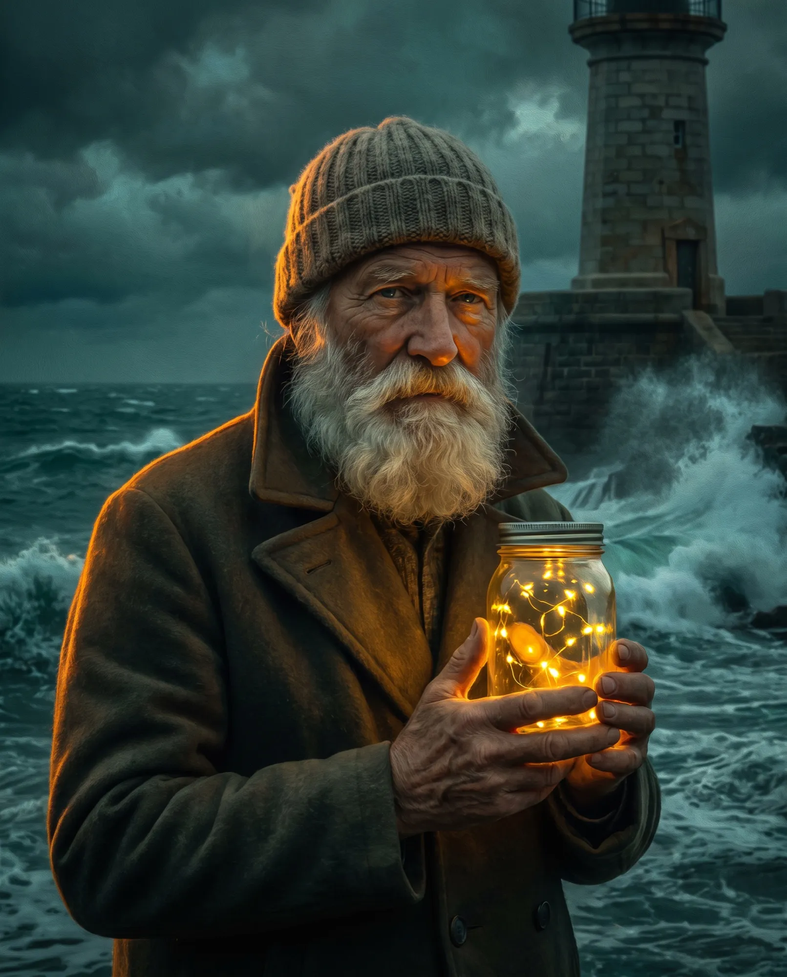 Un gardien de phare âgé en bonnet tricoté tient un bocal lumineux de lucioles devant une mer agitée