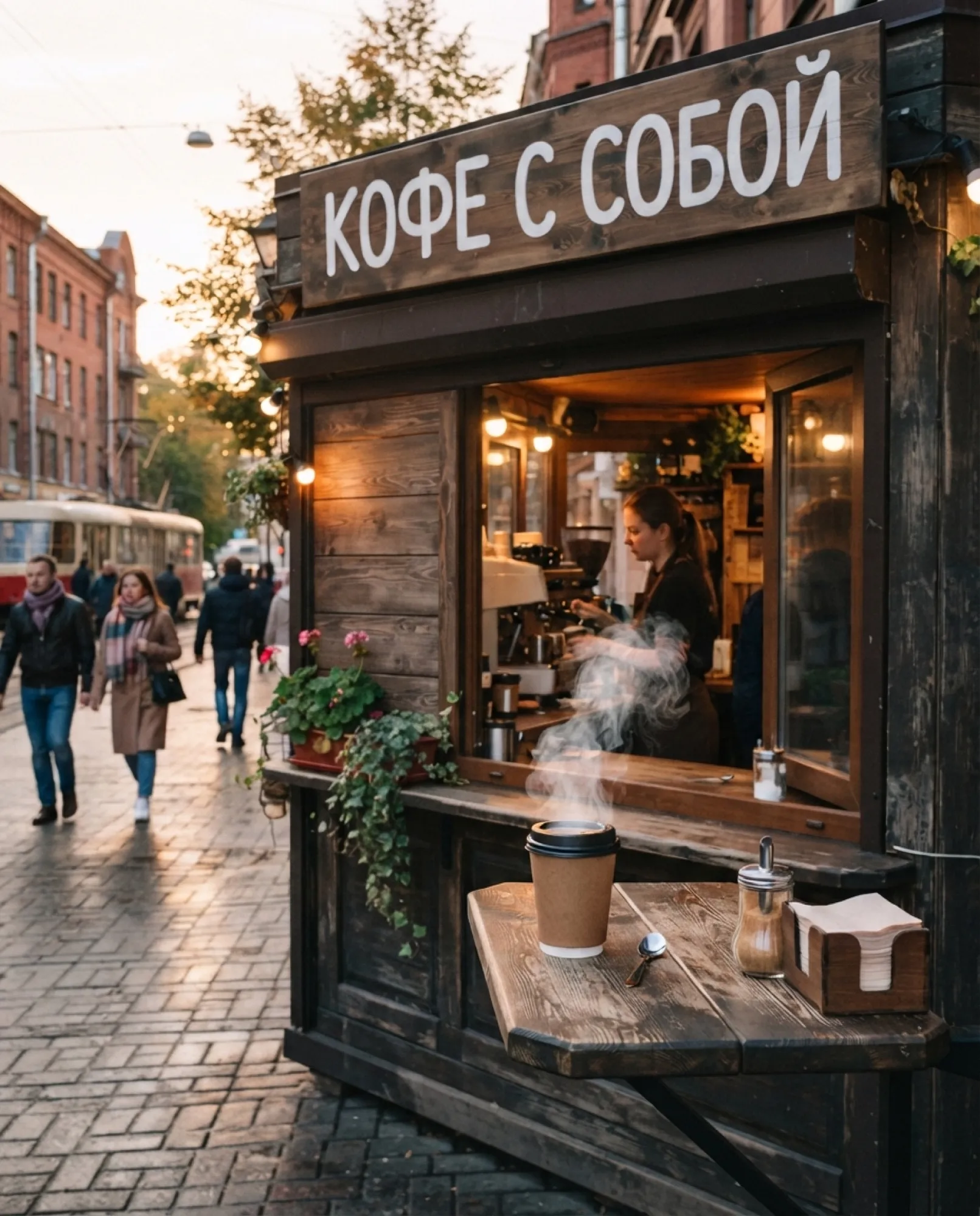 Un kiosque à café de rue le matin, avec l'enseigne «КОФЕ С СОБОЙ» (café à emporter) et de la vapeur au-dessus d'un gobelet