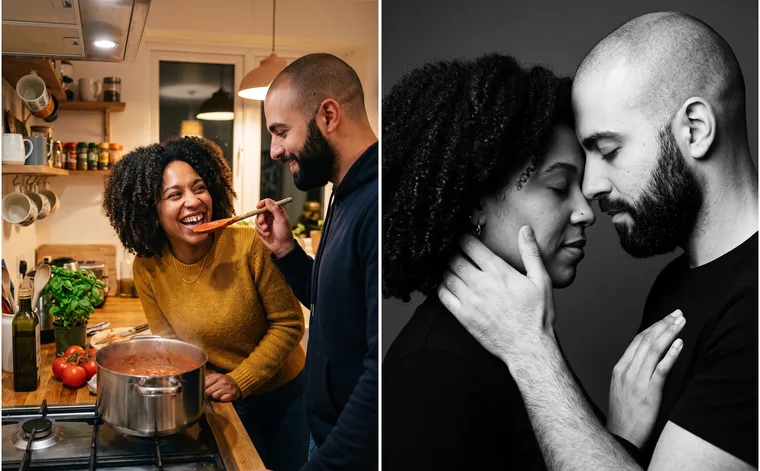 À gauche, un homme fait goûter une sauce à une femme qui rit dans une cuisine ; à droite, un portrait noir et blanc du couple front contre front, les yeux fermés