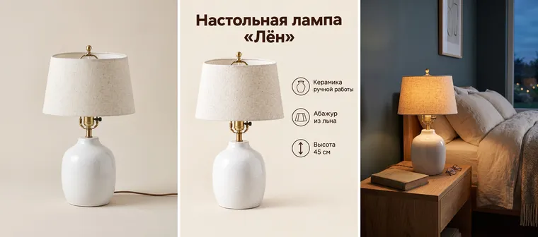 Trois images de la même lampe : photo studio sur fond beige, fiche « Настольная лампа «Лён» » avec trois avantages, et la lampe sur une table de chevet dans une chambre