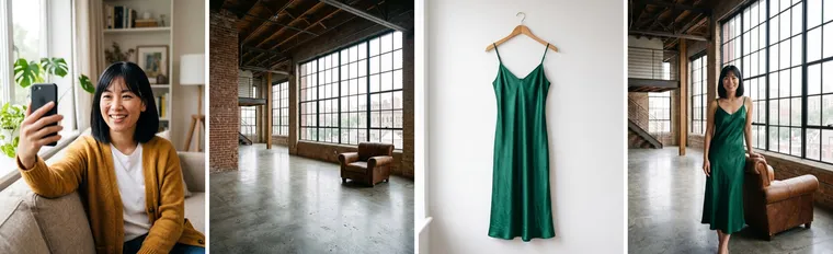 Quatre cadres : le selfie de la femme, un loft vide au mur de brique, une robe de soie verte sur un cintre, et le résultat — la même femme dans cette robe près de la fenêtre du loft