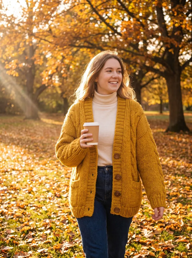 Une jeune femme en gilet moutarde et col roulé crème marche dans un parc d’automne avec un café
