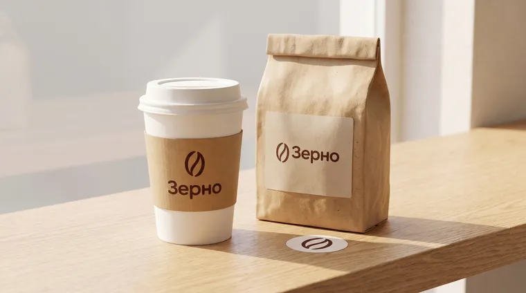 Le logo « Зерно » sur un gobelet en carton, un sachet kraft de grains et un autocollant rond posés sur un comptoir en bois clair