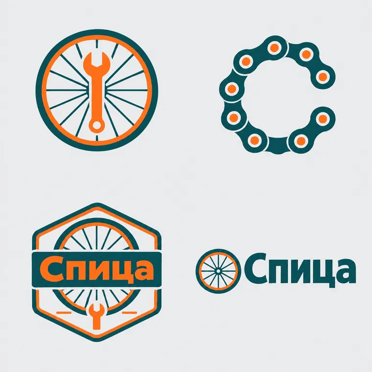 Quatre variantes du logo « Спица » en bleu canard et orange : roue avec clé, lettre С en chaîne, emblème-badge et logotype horizontal