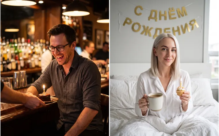 À gauche, un homme à lunettes rit au comptoir pendant que le barman pose devant lui un gâteau avec une bougie ; à droite, une femme en pyjama blanc avec un café et un cupcake au lit sous une banderole dorée d’anniversaire en cyrillique