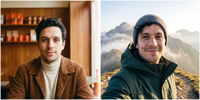 Deux photos de profil masculines de la même personne : en veste de velours dans un café rétro, et en veste et bonnet sur un sentier de montagne