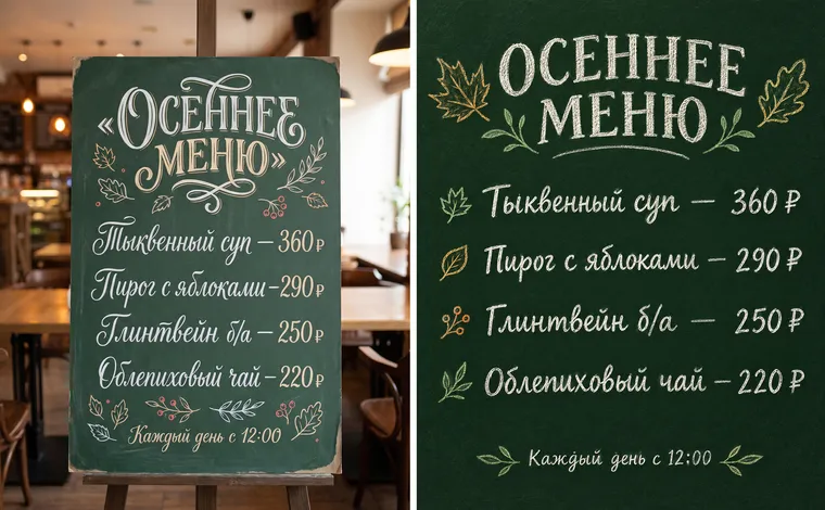Deux ardoises intitulées « Осеннее меню » (Menu d’automne) avec quatre plats et des prix en roubles : à gauche une ardoise sur un chevalet dans un café, à droite une ardoise qui occupe tout le cadre