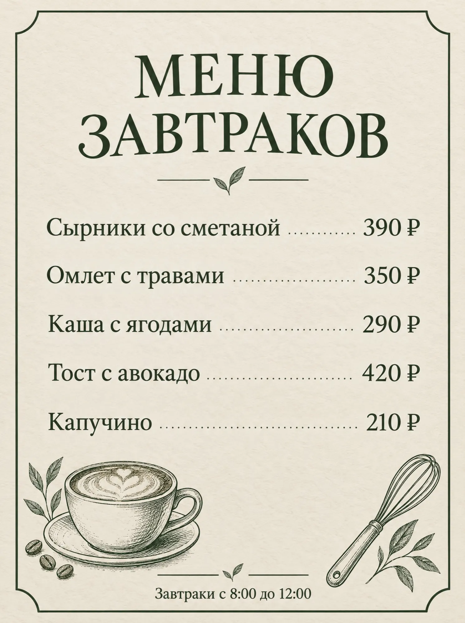 Menu de petits-déjeuners sur papier crème : cinq plats avec prix en roubles et horaires
