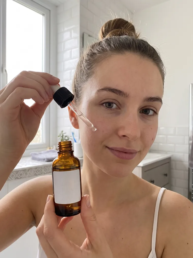 Une jeune femme dans une salle de bains lumineuse tient un flacon de sérum et la pipette près de sa joue