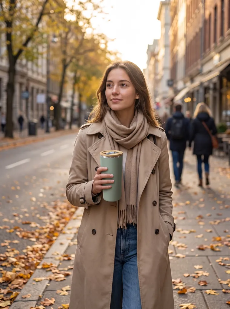 Jeune femme en trench beige et écharpe marchant dans une rue d’automne avec un mug isotherme vert à la main