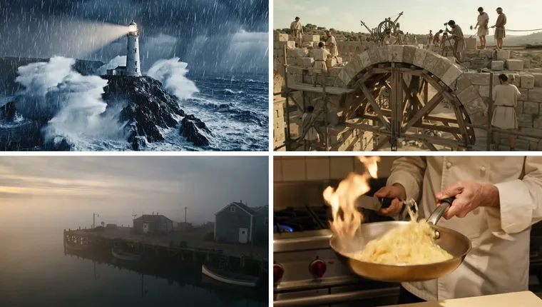 Quatre images de clips : phare dans la tempête pour Veo 3.1, construction d’un aqueduc pour Gemini Omni, pêcheur au port pour Seedance 2.5, cuisinier en cuisine pour Kling 3.0