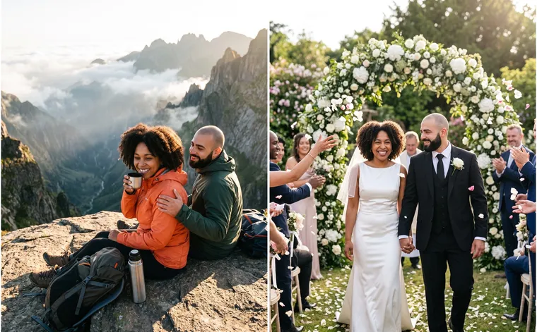 À gauche, le couple en vestes orange et verte boit du thé sur un rocher au-dessus d’une vallée de montagne brumeuse ; à droite, le même couple en robe de mariée et costume noir sous une arche de fleurs blanches