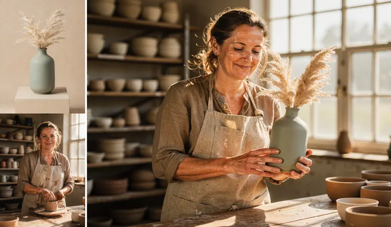 À gauche, deux références : un vase gris-vert avec de l’herbe de la pampa et une céramiste en tablier au tour de potier ; à droite, la même céramiste tient ce vase dans son atelier