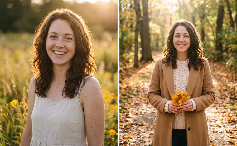 À gauche, une femme en robe dans un champ au coucher du soleil ; à droite, la même en manteau camel avec des feuilles d’érable dans un parc d’automne