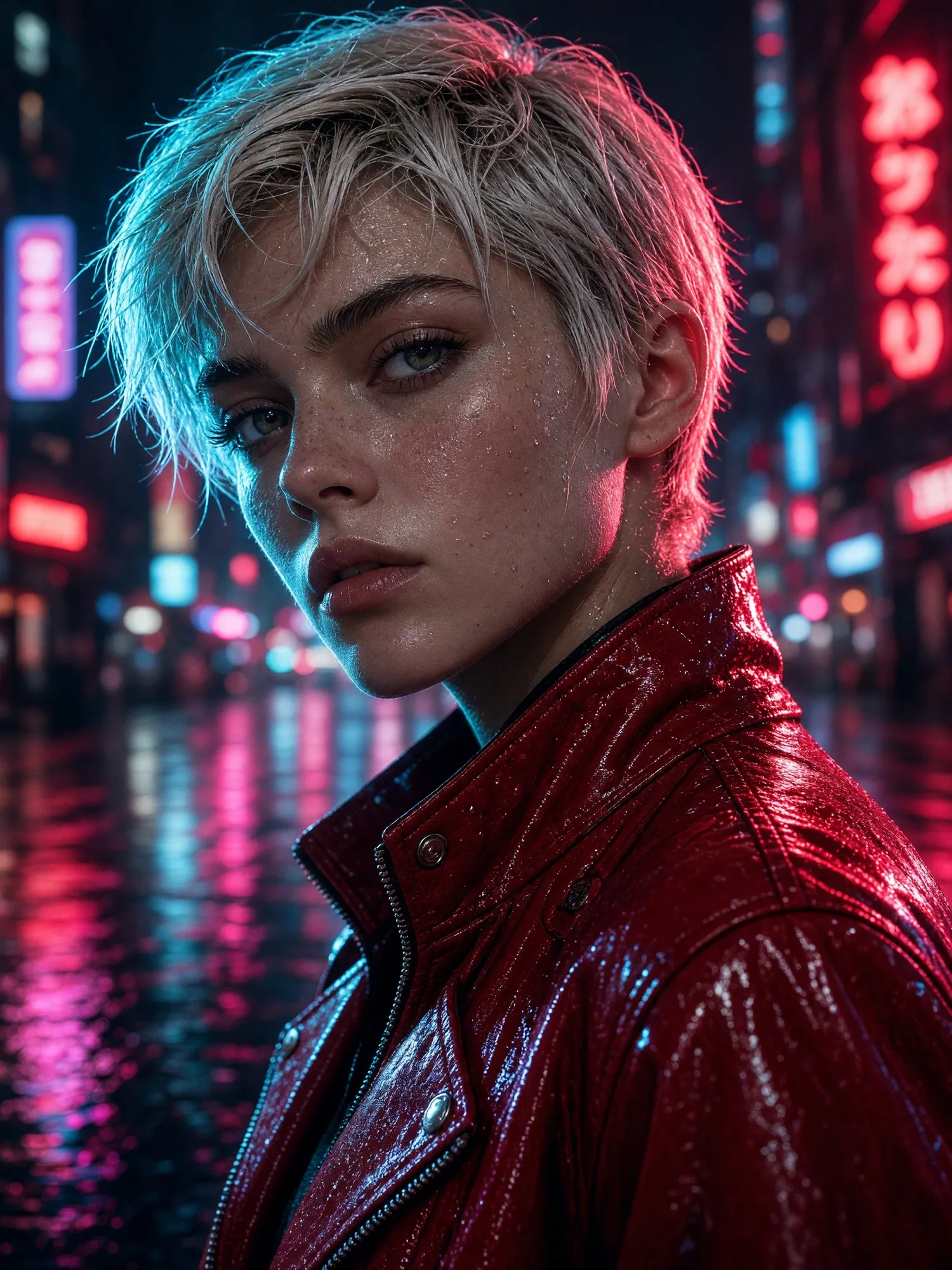 Une jeune femme aux cheveux courts platine en veste de cuir rouge sous les néons de la ville par une nuit pluvieuse