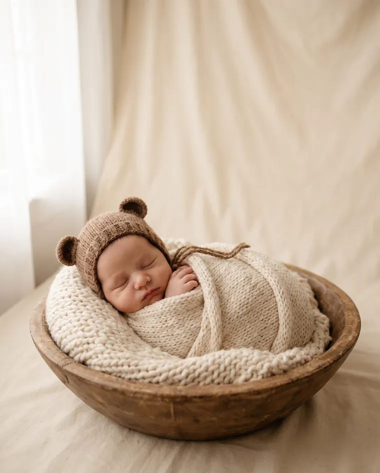 Un nouveau-né endormi avec un bonnet tricoté à oreilles d’ourson, emmailloté dans une couverture beige, couché dans un bol en bois