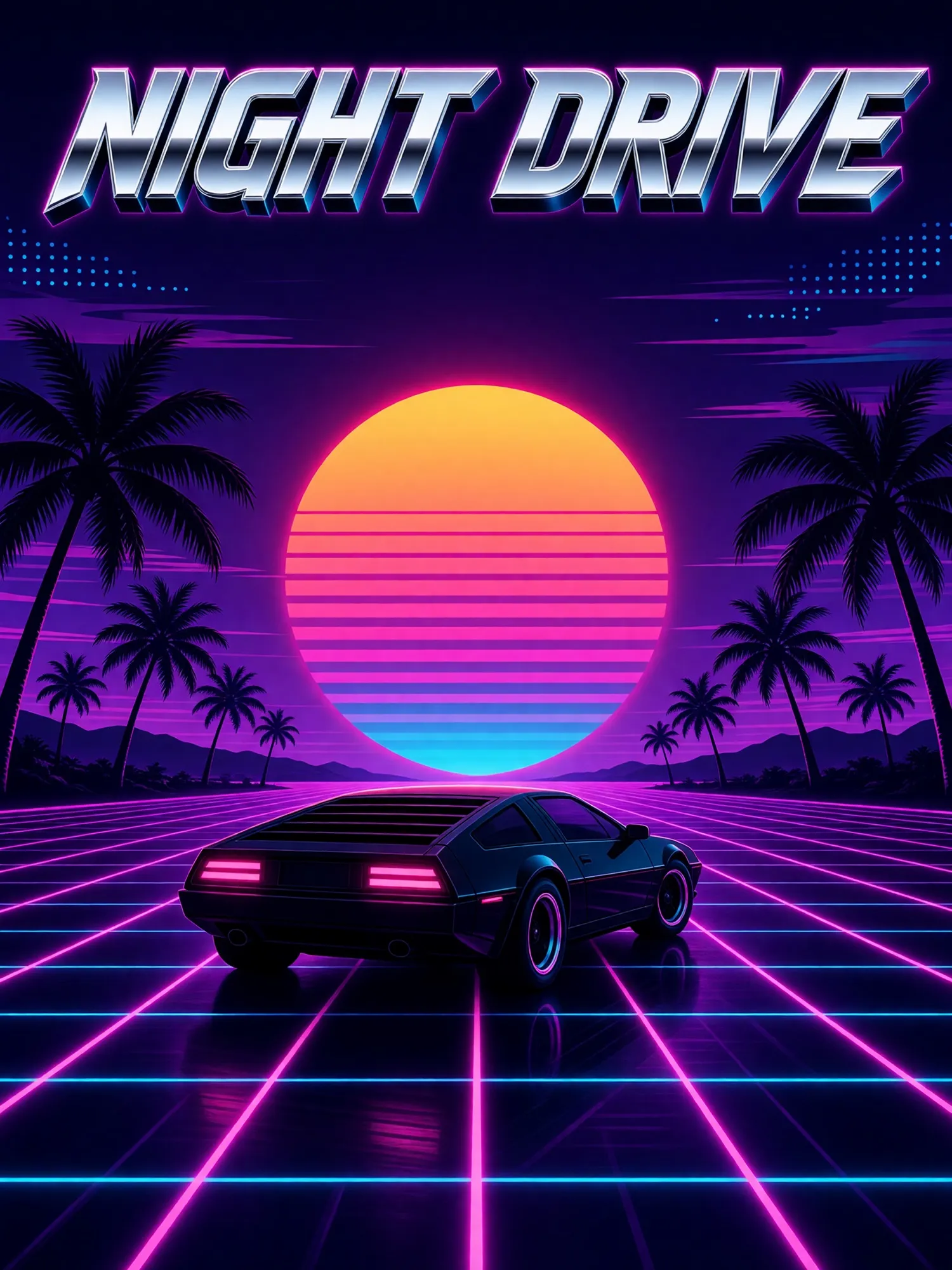 Une affiche synthwave NIGHT DRIVE : une voiture de sport file vers un coucher de soleil néon sur une route quadrillée bordée de palmiers