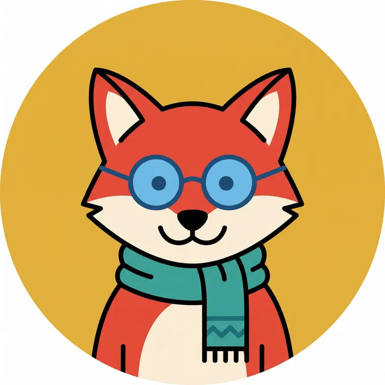 Avatar vectoriel flat : un renard roux à lunettes rondes et écharpe bleu canard sur fond moutarde