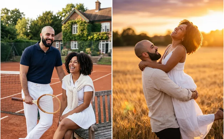 À gauche, le couple sur un court de tennis devant une maison de campagne, lui avec une raquette en bois, elle en jupe blanche avec un pull sur les épaules ; à droite, il la fait tourner dans un champ de blé au coucher du soleil