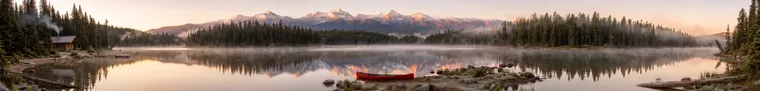 Panorama d’un lac de montagne au lever du soleil : sommets enneigés, forêt de pins, cabane dont la cheminée fume, brume sur l’eau et canoë rouge