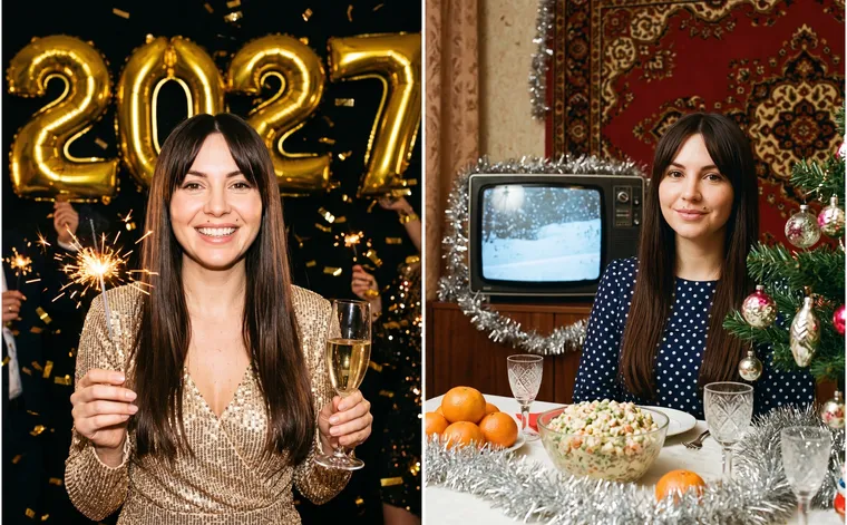 À gauche, une femme en robe dorée à sequins avec un cierge magique et une coupe devant des ballons 2027 ; à droite, la même femme en robe à pois à une table de fête soviétique avec tapis, télévision et salade
