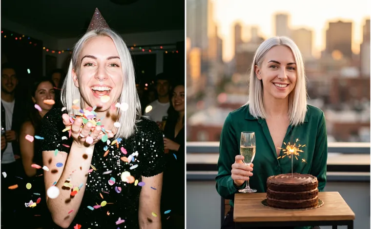 À gauche, une femme en chapeau pointu et robe noire à sequins lance des confettis vers l’objectif ; à droite, la même femme en chemisier émeraude avec une coupe et un gâteau à cierge magique sur un toit au coucher du soleil