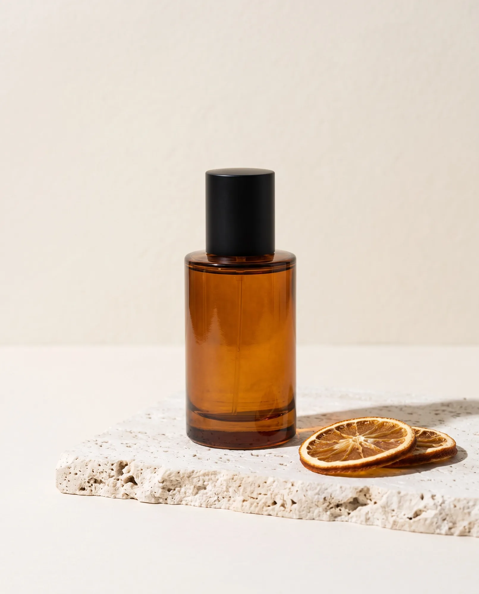 Flacon de parfum en verre ambré à bouchon noir sur du travertin, à côté de rondelles d'orange séchée