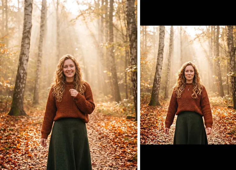 À gauche, photo d’une femme aux boucles rousses dans une forêt d’automne brumeuse ; à droite, une image d’un clip Veo 3.1 où elle marche vers la caméra
