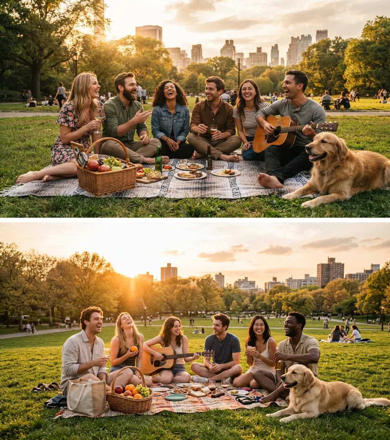 Deux versions d’un pique-nique entre six amis avec une guitare, un panier de fruits et un golden retriever dans un parc au coucher du soleil