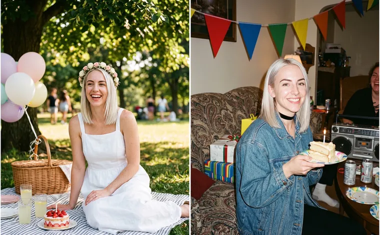 À gauche, une femme en robe blanche et couronne de fleurs en pique-nique sous un arbre avec des ballons et un fraisier ; à droite, la même femme en veste en jean et ras-de-cou avec une part de gâteau à une fête années 90 avec des fanions