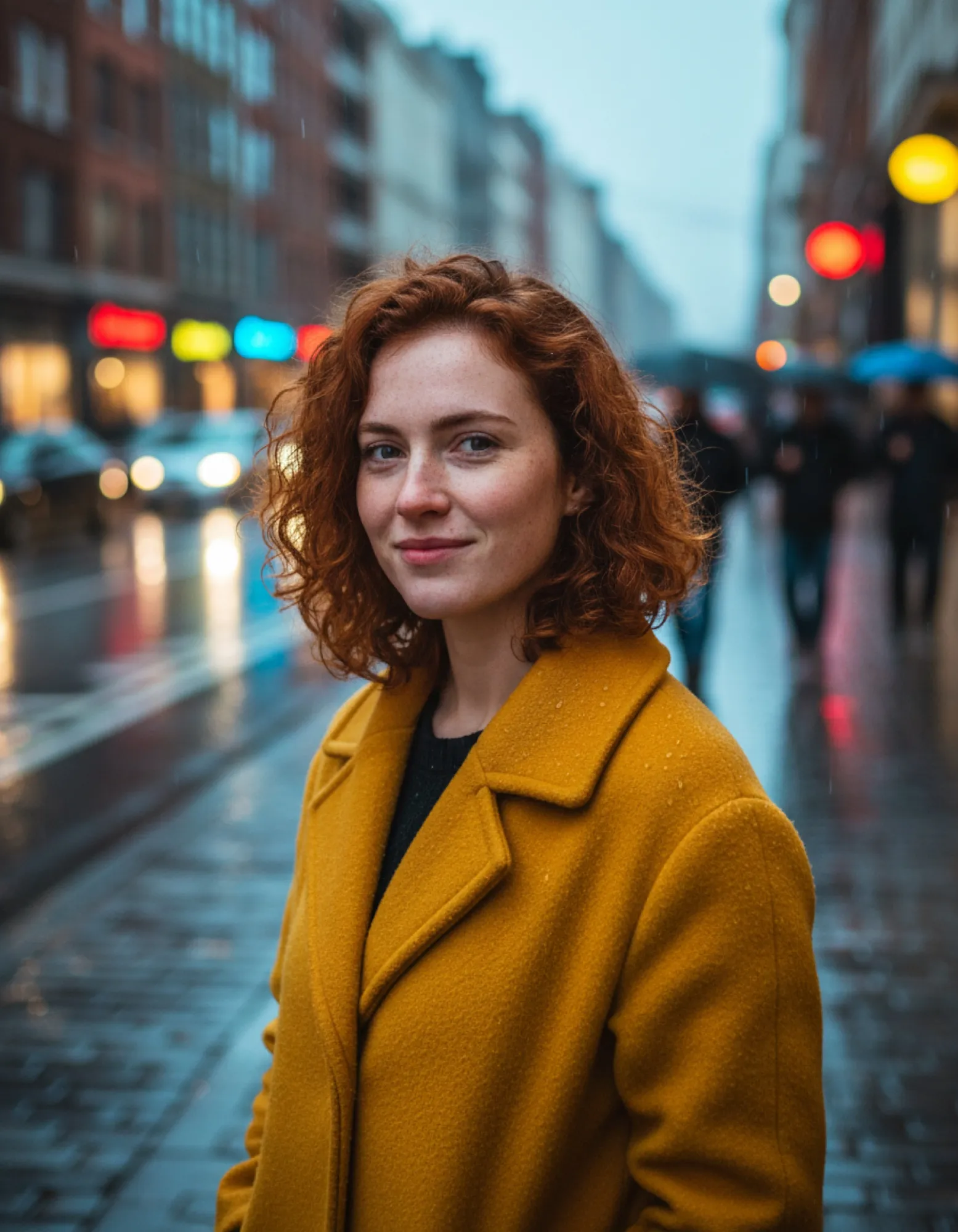 Portrait photoréaliste d'une femme rousse en manteau moutarde dans une rue pluvieuse