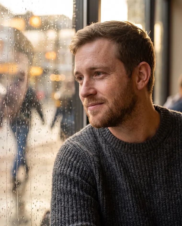 Portrait d’un homme aux taches de rousseur et barbu, en pull gris, près d’une vitre de café couverte de gouttes de pluie