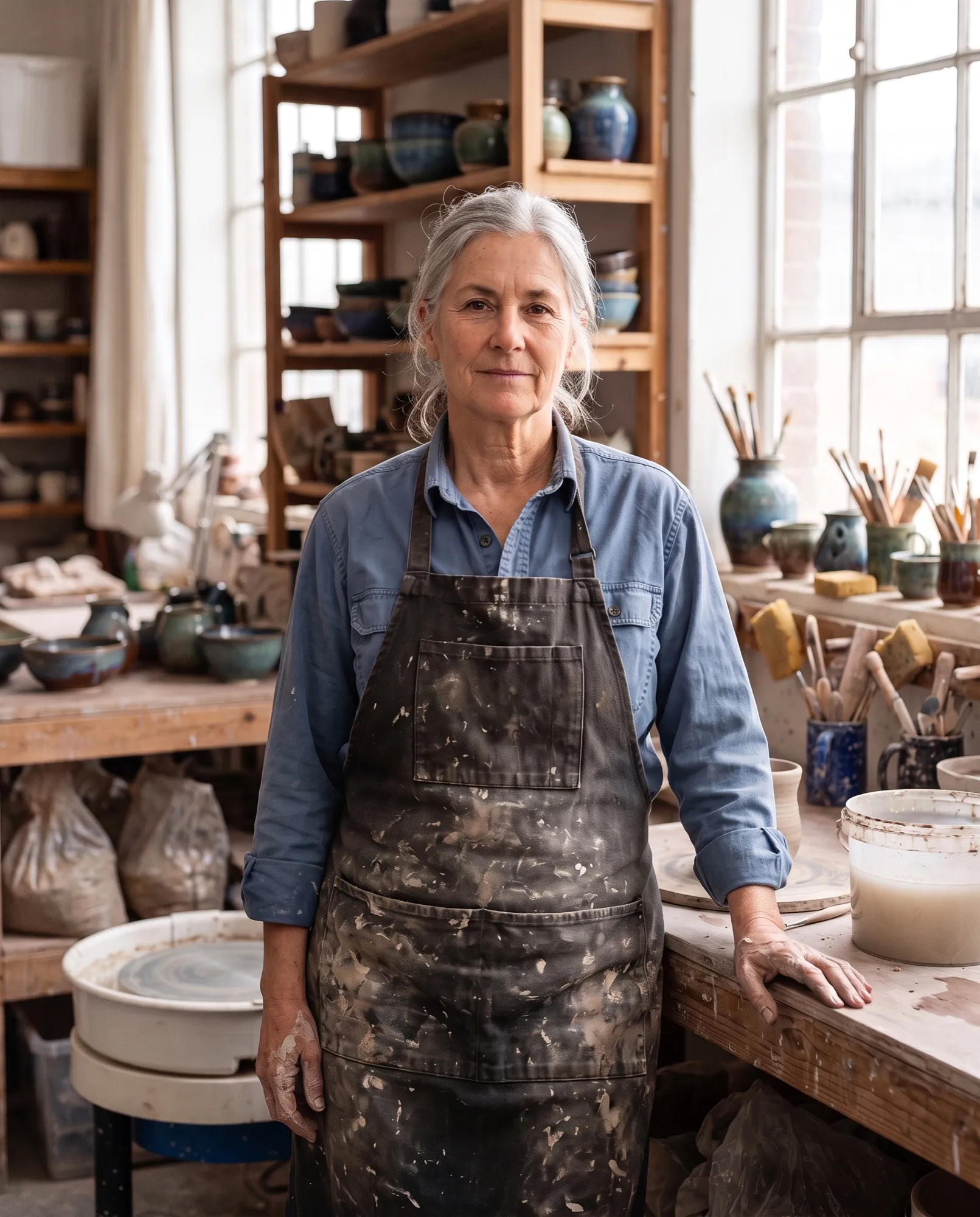 Portrait d'une céramiste aux cheveux gris en tablier, entre des étagères de poteries émaillées près d'une grande fenêtre