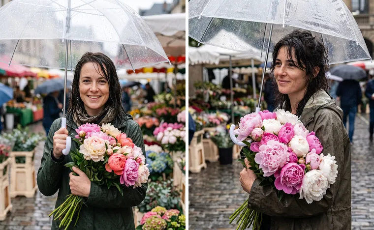 Deux versions d’un portrait d’une jeune fille avec des pivoines sous un parapluie transparent dans un marché aux fleurs sous la pluie : à gauche elle sourit à l’objectif, à droite elle regarde ailleurs