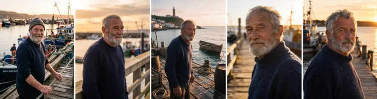 Cinq portraits d’un pêcheur âgé en pull bleu sur une jetée à l’heure dorée, produits par différents modèles