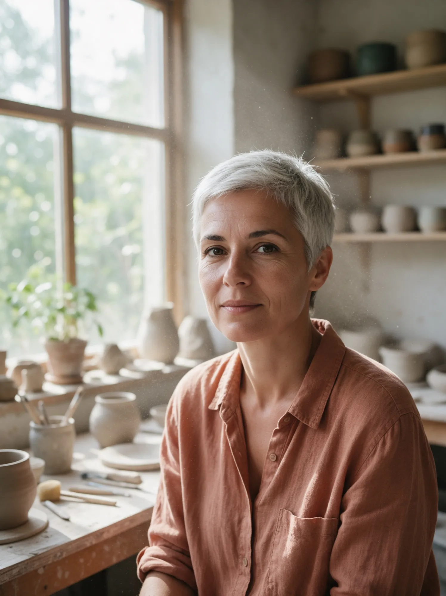 Portrait d'une femme aux cheveux courts gris, chemise terracotta, dans un atelier de poterie ensoleillé